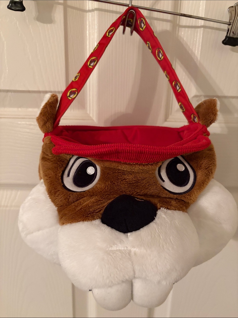 Kids Plush Buc-ee’s Animal bucket- Brown & White with Red Handle. 6” x 12”